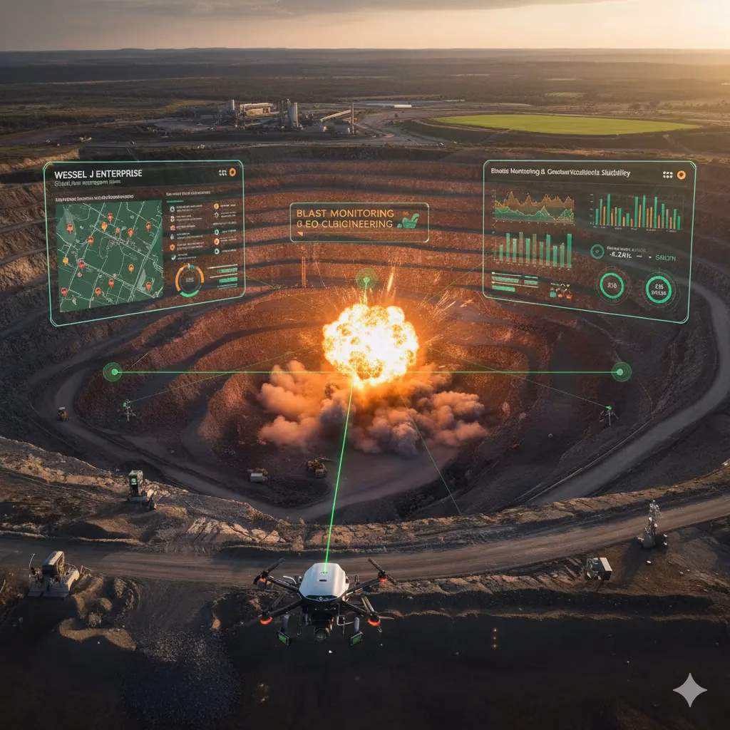 A drone hovers above an open-pit mine during a controlled blast, capturing data with digital AR-style overlays showing maps, analytics, and blast monitoring information. A bright explosion occurs at the center of the mine while equipment and vehicles surround the pit.